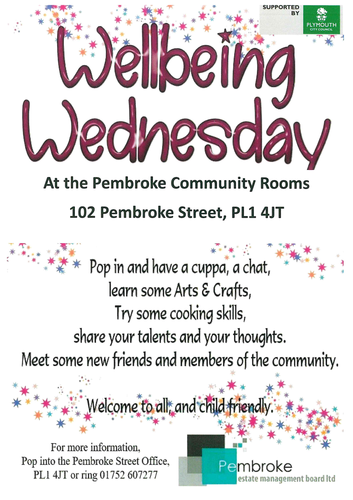 Wellbeing Wednesday poster for the Pembroke Community Rooms, 102 Pembroke Street, PL1 4JT