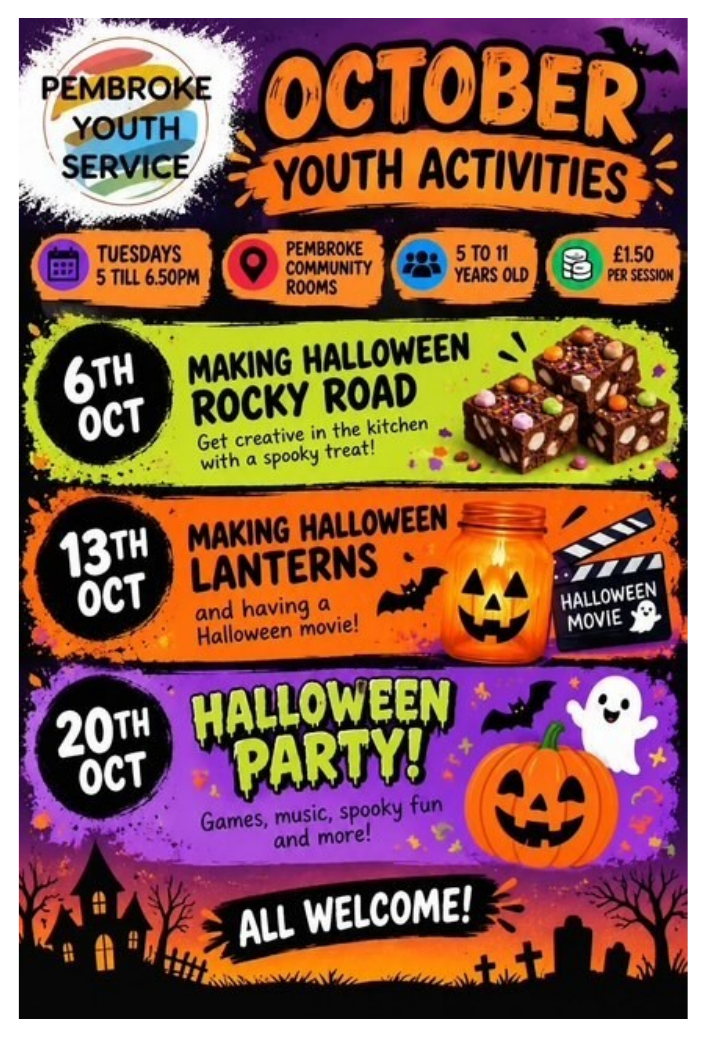 October Youth Activities poster showing the Halloween party on 20 October